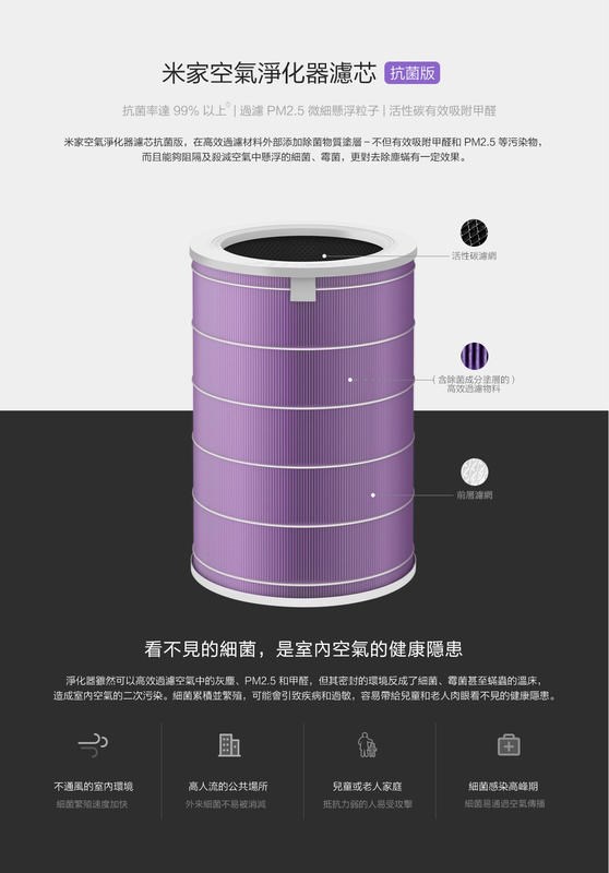 奇機通訊【現貨】台灣全新公司貨 米家空氣淨化器濾芯 抗菌版 紫色 MI 適用淨化器2S 淨化器3 淨化器Pro